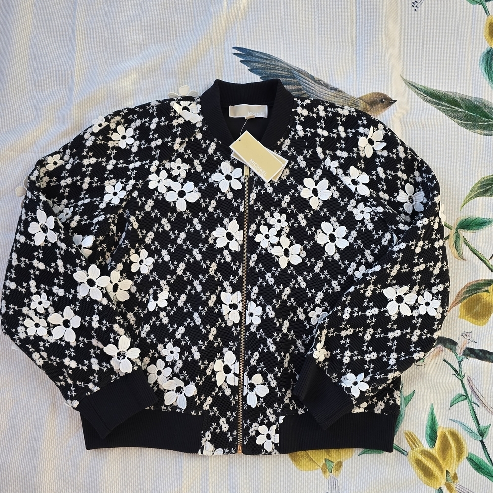 NWT Michael Michael Kors Floral Bomber Jacket Black White Size L $295 MSRP - Picture 2 of 7